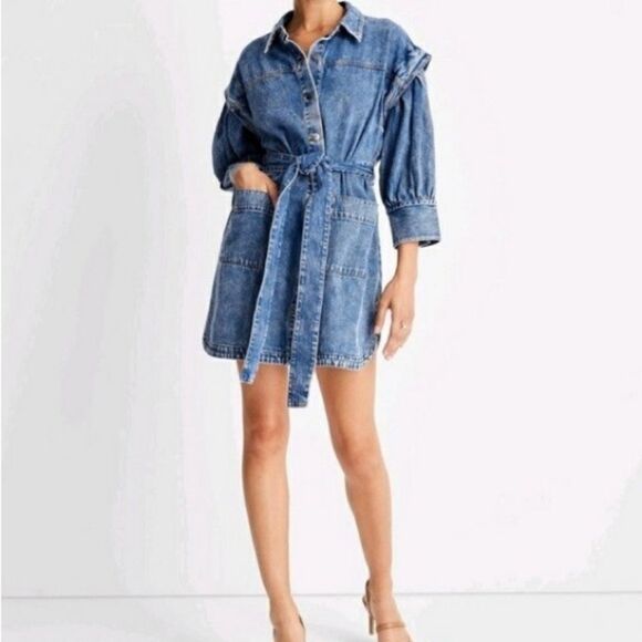 Future Collective Kahlana Barfield Brown Puff Sleeve Denim Dress Size 16W/18W - Picture 2 of 11